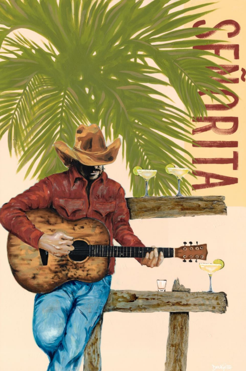 Painting of a man in a cowboy hat playing guitar on a wooden bench under palm trees with cocktails nearby.