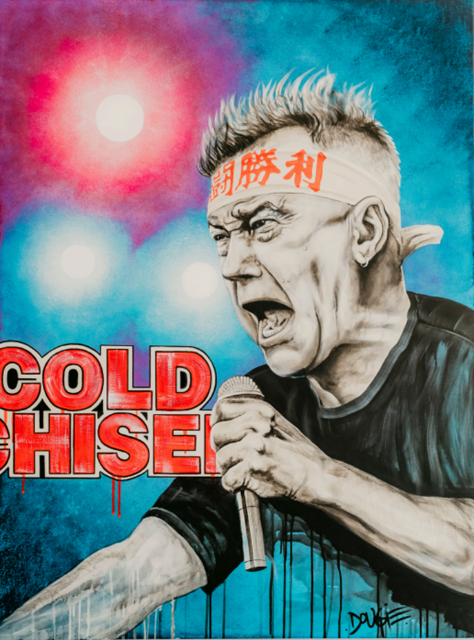 Acrylic painting of a man screaming into a microphone with a 'victory' headband, set against a blue background with red 'Cold Chisel' graffiti.