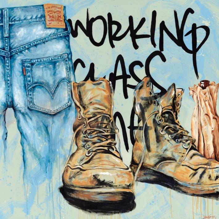 Urban style acrylic painting featuring worn leather work boots and blue denim jeans with "Working Class" text in the background.