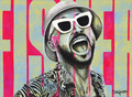 Vibrant pop art style painting of a man in sunglasses and a bucket hat with pink and blue vertical stripes.