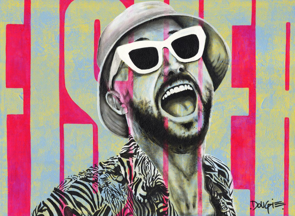 Vibrant pop art style painting of a man in sunglasses and a bucket hat with pink and blue vertical stripes.