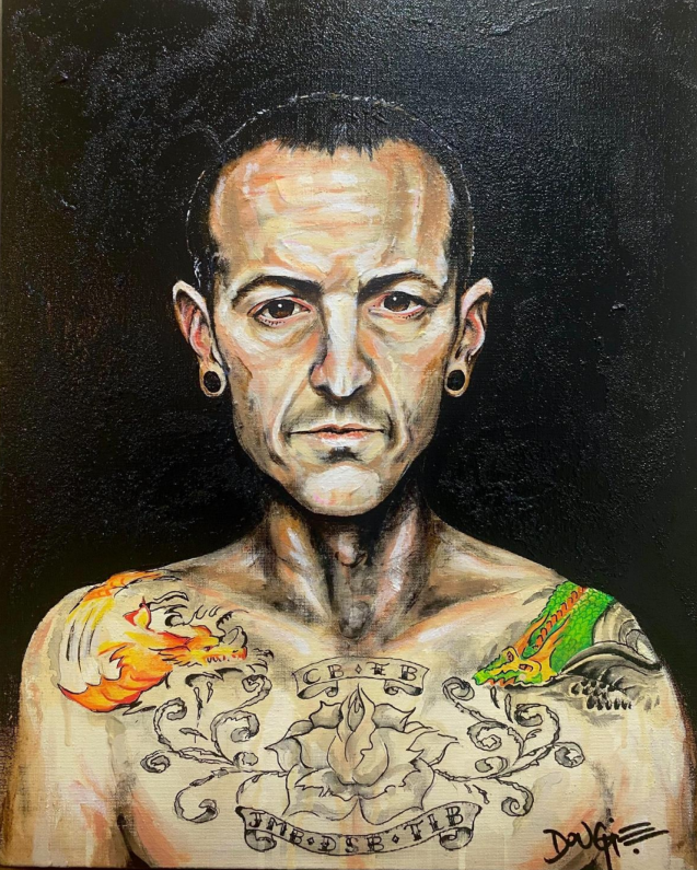 Acrylic painting of a man with glasses and detailed chest tattoos, depicted with a serious expression on a dark background.