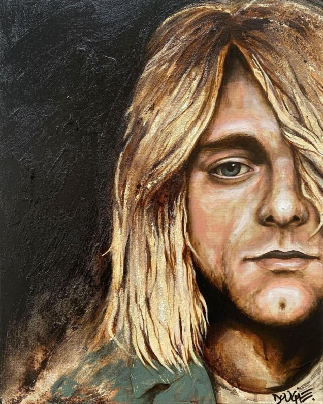 Close-up acrylic portrait of a blonde male musician with long hair, capturing a moody and expressive gaze.