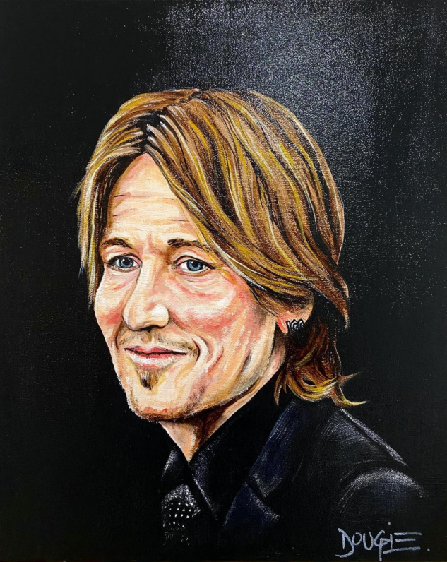 Realism acrylic portrait of a man with blonde hair and a black suit, hand-painted on canvas.