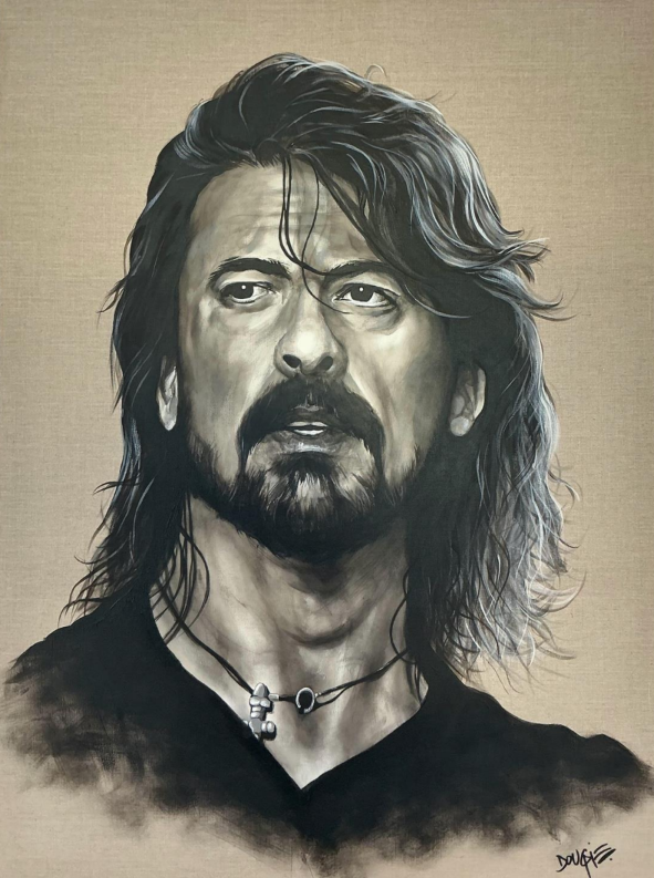 Realistic black and white acrylic portrait of a man with long hair and a beard on a neutral linen background