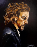 Profile portrait painting of a rock singer with curly brown hair and a beard against a dark background in acrylic on canvas.