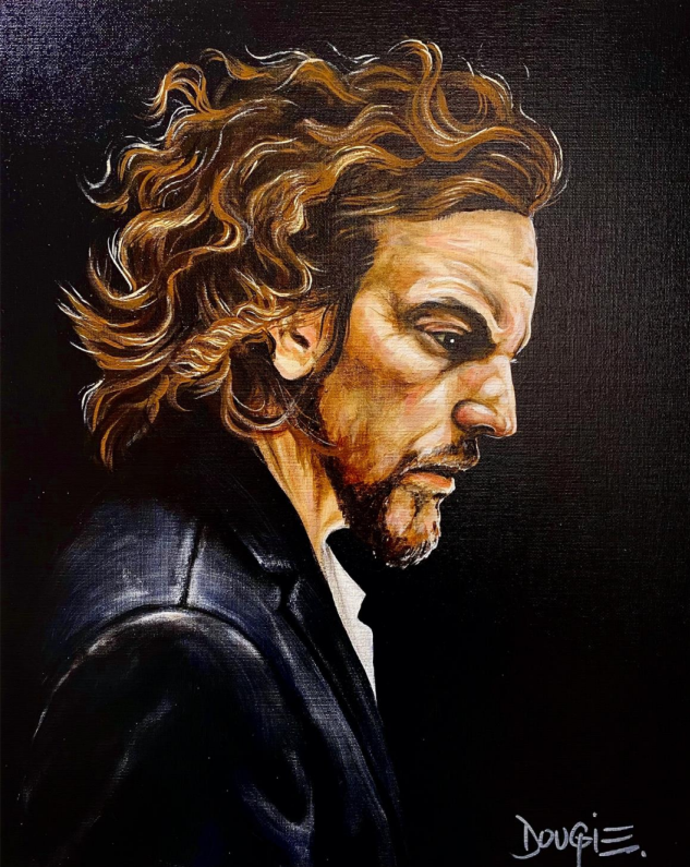 Profile portrait painting of a rock singer with curly brown hair and a beard against a dark background in acrylic on canvas.