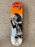 Custom skateboard deck featuring a black and white portrait of a singing man and an orange-to-white gradient.