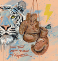 Acrylic painting of a white tiger face next to vintage leather boxing gloves and a yellow lightning bolt on a peach background.