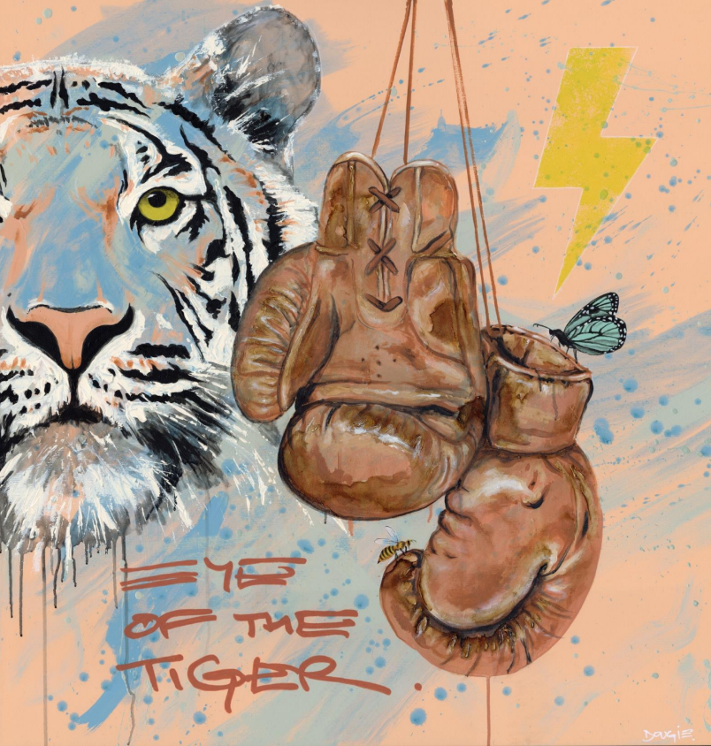 Acrylic painting of a white tiger face next to vintage leather boxing gloves and a yellow lightning bolt on a peach background.