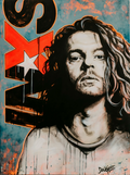 Acrylic painting of a man with long curly hair and a soulful expression, with bold orange and black INXS lettering in the background.
