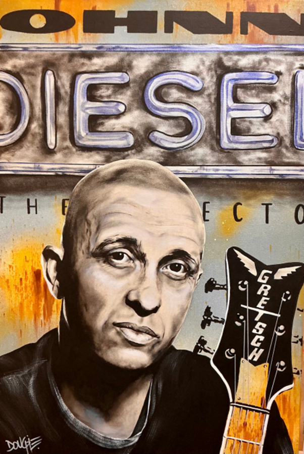 Acrylic painting of a musician with a Gretsch guitar against a glowing orange and metallic background.