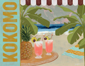 Acrylic painting of a tropical beach scene with two pink cocktails, a pineapple, and palm trees under a striped awning.