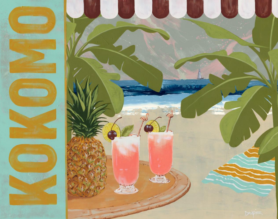 Acrylic painting of a tropical beach scene with two pink cocktails, a pineapple, and palm trees under a striped awning.