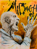 Acrylic painting of a man with a shaved head shouting with hands raised, set against a splattered yellow background with black 'Midnight Oil' lettering.