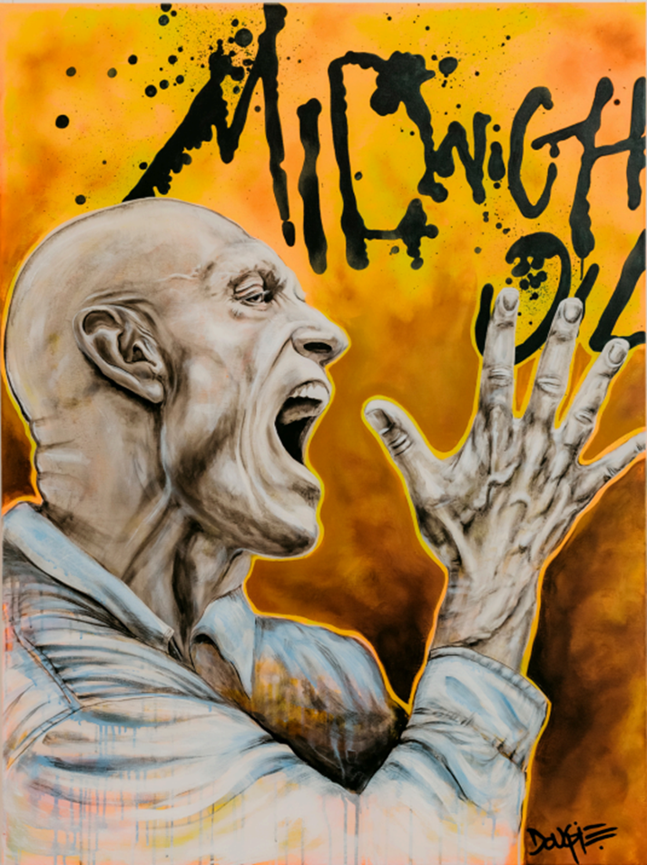Acrylic painting of a man with a shaved head shouting with hands raised, set against a splattered yellow background with black 'Midnight Oil' lettering.