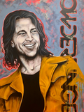 Hand-painted acrylic portrait of a smiling man in a yellow jacket with blue and pink textured background.