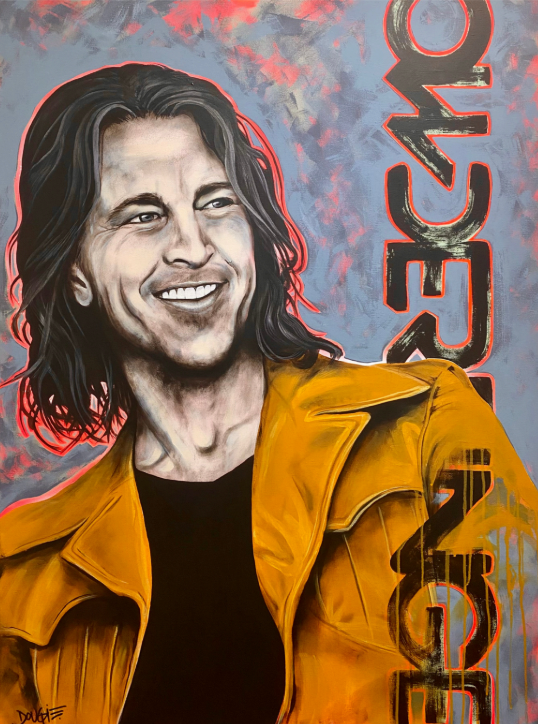 Hand-painted acrylic portrait of a smiling man in a yellow jacket with blue and pink textured background.