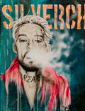 Hand-painted acrylic portrait of a man with blonde hair and a pink scarf, teal background with stenciled text and smoke effects.
