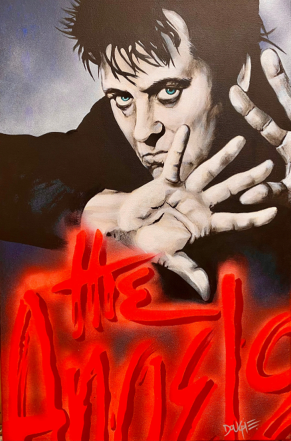 Acrylic painting of a man with blue eyes and striking hand gestures, with red graffiti-style lettering in the foreground.