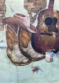 Realistic acrylic painting of a guitar, brown cowboy boots, and a coffee mug against a rustic brick wall.