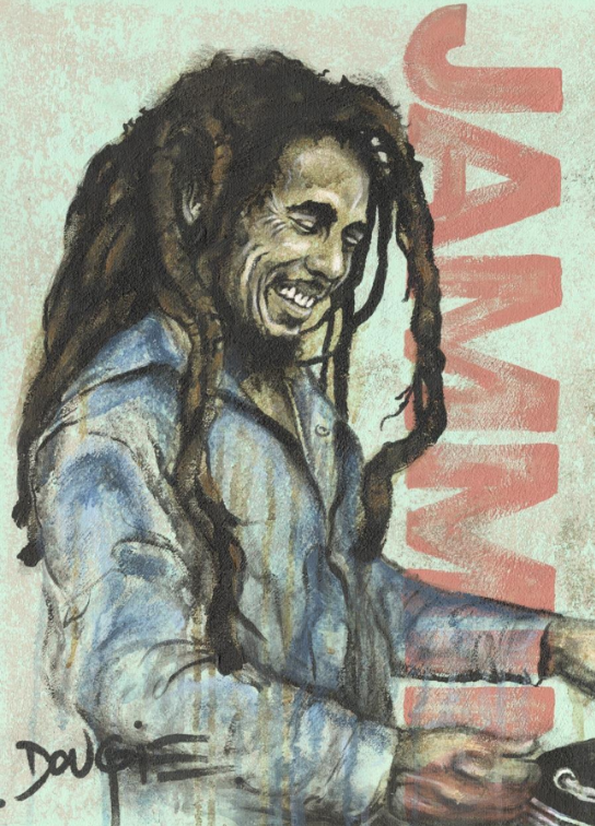 Acrylic portrait of a smiling man with long dreadlocks wearing a denim jacket, created in a soulful contemporary style on canvas.