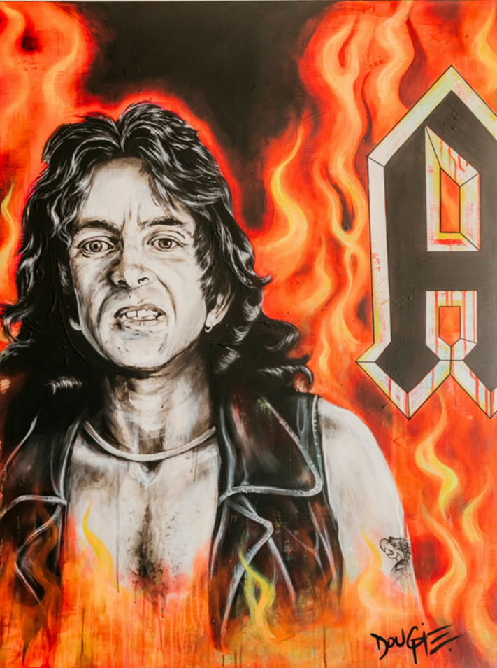 Hand-painted acrylic portrait of a rock singer with long dark hair, surrounded by orange flames and textured grey background.