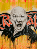 Acrylic painting of a man screaming with an intense expression, set against a yellow and orange background with red 'Rose Tattoo' graffiti.