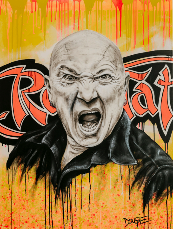 Acrylic painting of a man screaming with an intense expression, set against a yellow and orange background with red 'Rose Tattoo' graffiti.