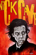 Acrylic portrait of a man with dark hair and a piercing gaze against a dramatic, textured red background with stylized yellow lettering.