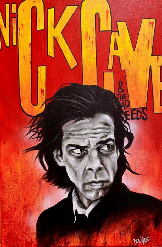 Acrylic portrait of a man with dark hair and a piercing gaze against a dramatic, textured red background with stylized yellow lettering.