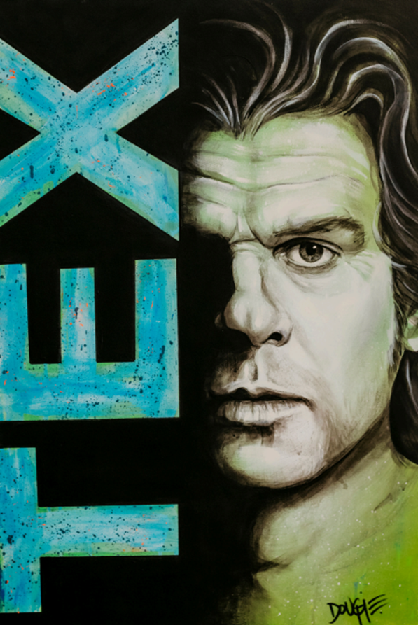Acrylic portrait of a man's face in deep shadow with teal stenciled lettering on the left and a black background.