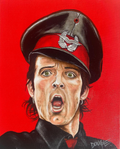 Vibrant acrylic portrait of a male singer in a military-style hat with an open mouth against a bright red background.