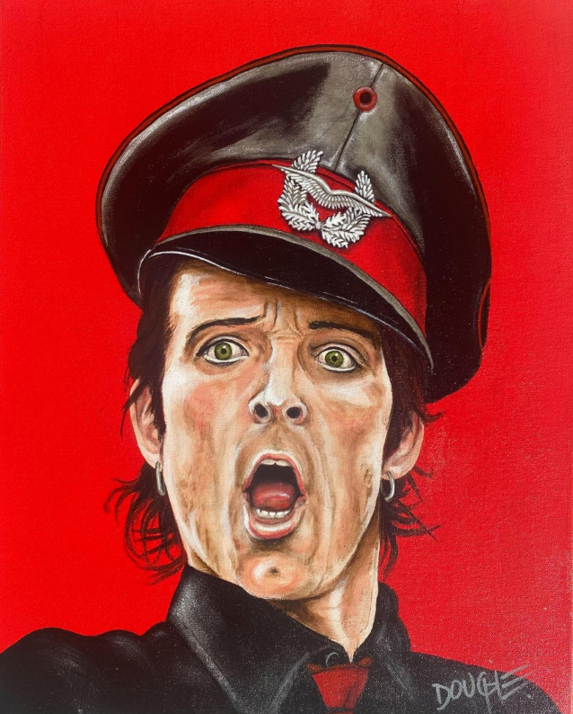 Vibrant acrylic portrait of a male singer in a military-style hat with an open mouth against a bright red background.