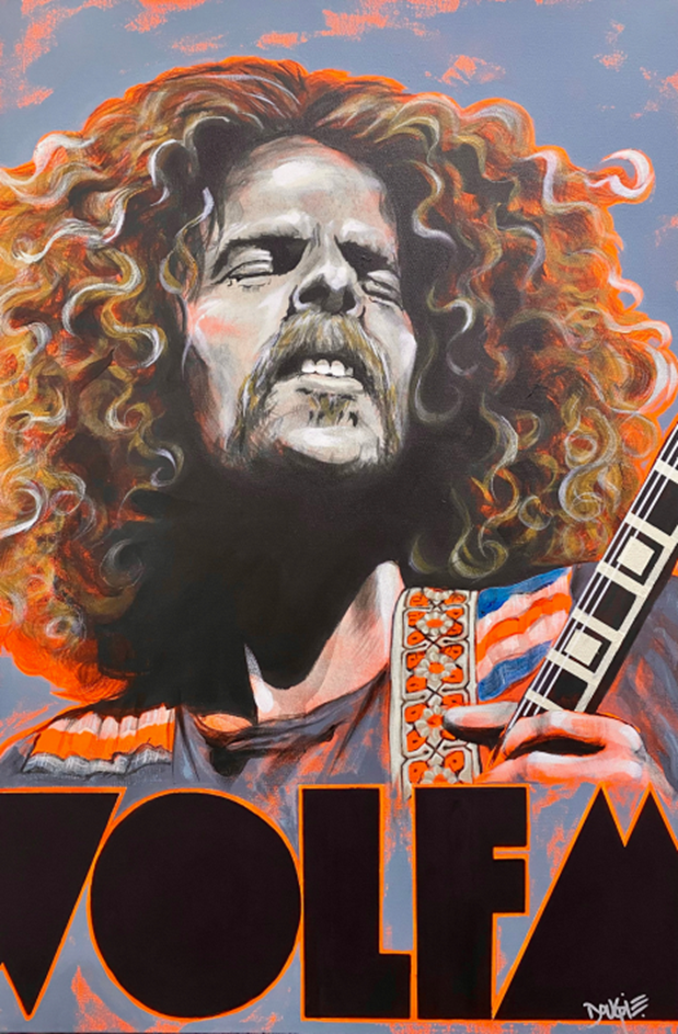 Acrylic painting of a man with wild curly hair playing guitar, with bold 'WOLFMOTHER' lettering at the bottom and a textured orange-grey background.